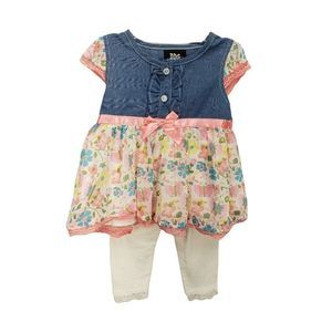 DDG Darling 12 months 2 piece outfit floral‎ denim white tights pink